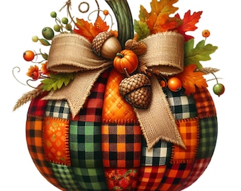 Puede incluir: Una calabaza de patchwork con un lazo de arpillera y acentos de follaje otoñal. La calabaza está decorada con un patrón de cuadros en tonos naranja, verde, negro y rojo.