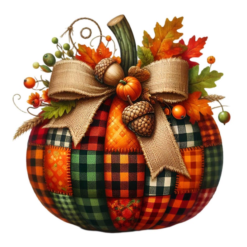 Patchwork Plaid Pumpkin PNG, Fall Harvest Clipart, Buffalo Check Autumn