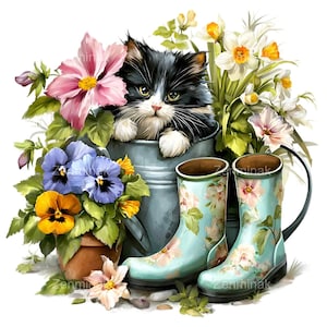 May include: A watercolor illustration of a black and white kitten peeking out of a galvanized metal bucket filled with colorful flowers. Light blue rain boots with floral patterns are next to the bucket. The image has a spring theme.