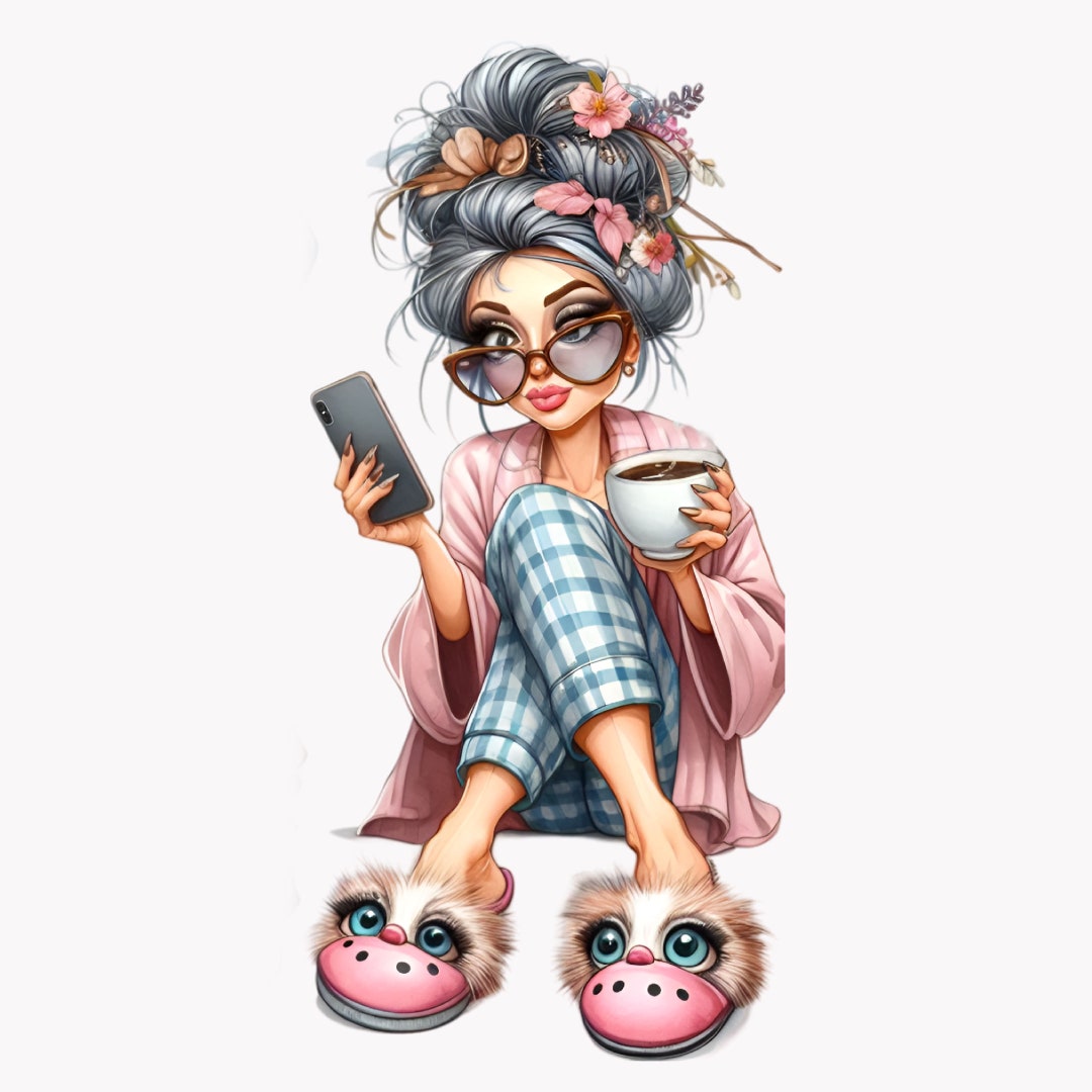 10 PNG Trendy Granny PNG Clipart – Funny Old Lady With Coffee and Phone ...