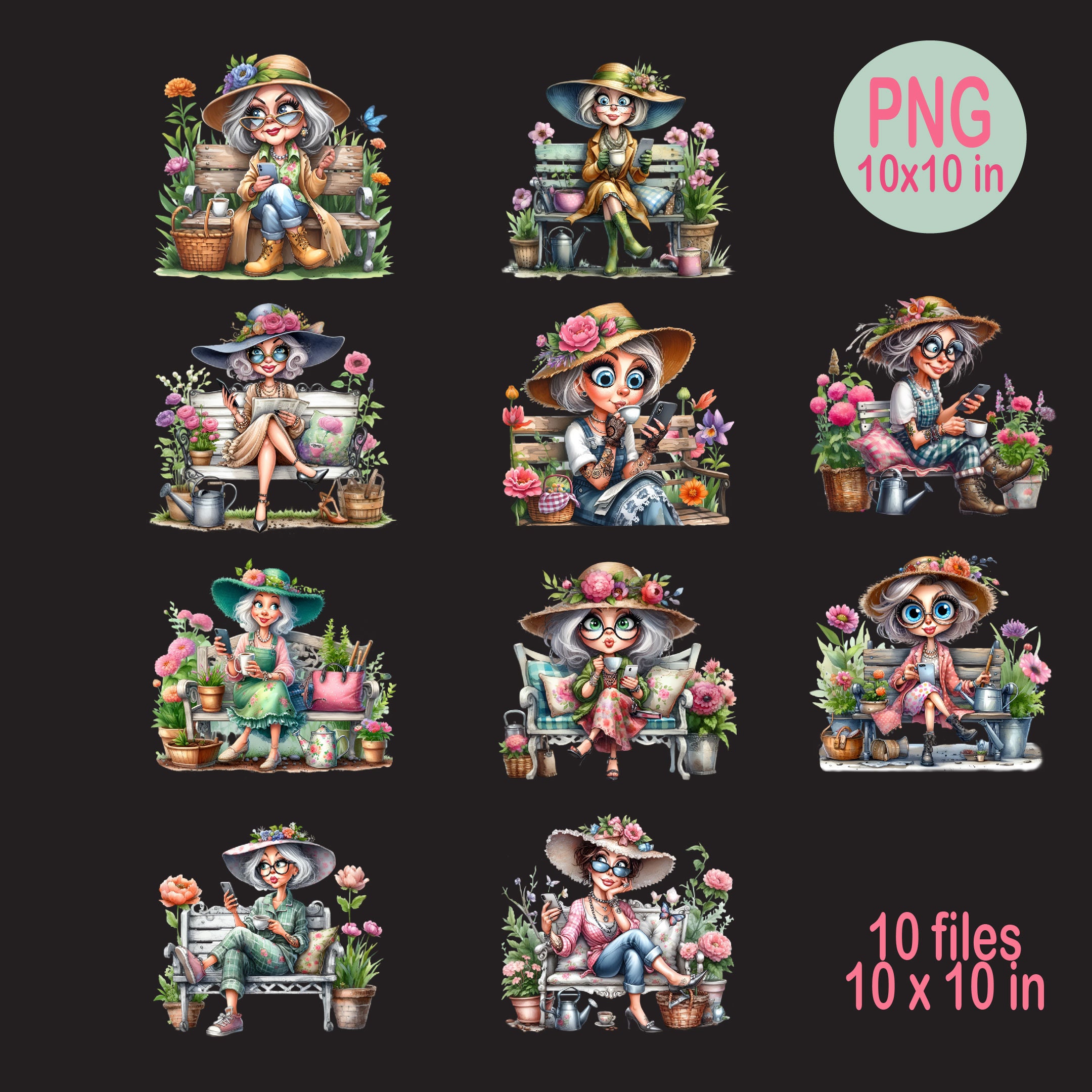 10 PNG Funny Granny Gardening PNG Clipart – Old Lady With Coffee and ...