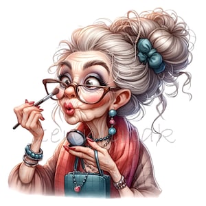 Clipart charmante oudere dame 15 png-bestand: leuke en stijlvolle senior vrouw die make-up aanbrengt met bril en sieraden