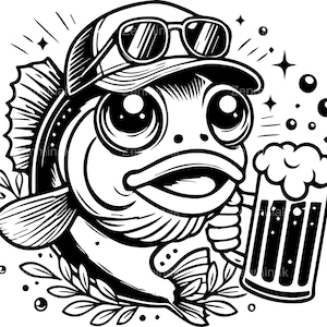 5 peces bebiendo cerveza SVG, divertido archivo de corte digital de pesca, diseño genial de pez con gorra y taza para manualidades y ropa