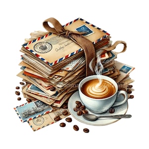 16 Vintage Postkarten und Kaffee Clip Art PNG, Retro Mail Stack Digitale Illustration, Cozy Cafe Kaffeebohnen Kunst