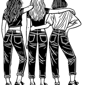 May include: Three friends stand together, arms around each other, wearing black tops and blue jeans. They are all looking at the camera.