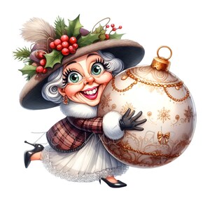 14 PNG 面白いクリスマス女性 PNG – お祝いの衣装と帽子をかぶった年配の女性 – カードや工芸品のためのホリデークリップアート