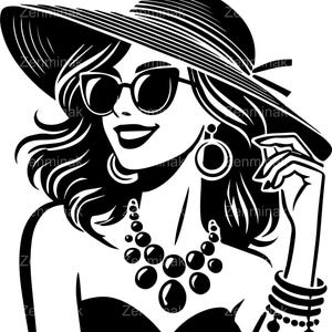 May include: A black and white illustration of a woman wearing a wide-brimmed hat, sunglasses, a necklace, and earrings. She is smiling and has her hand on her cheek.