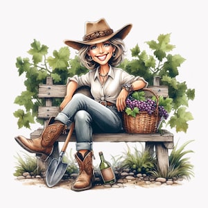 10 PNG Dame de jardin de campagne - Clipart de femme de vignoble - Scène de banc de ferme rustique avec des raisins, des bottes et des outils de jardinage pour l'artisanat sur le thème du vin