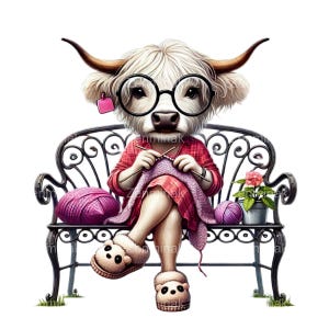 12 vache Highland à tricoter PNG, clipart vache adorable, bricolage animaux de la ferme en téléchargement numérique, vache Highland avec illustration de lunettes