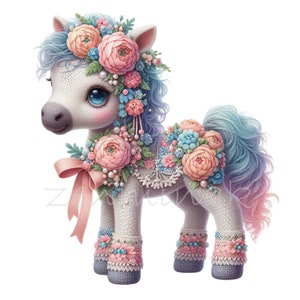 10 png-schattige bloemenpony clipart png, pastel babypaard met blauwe ogen, gevlochten manen en rozen, grillige kinderkamerillustratie