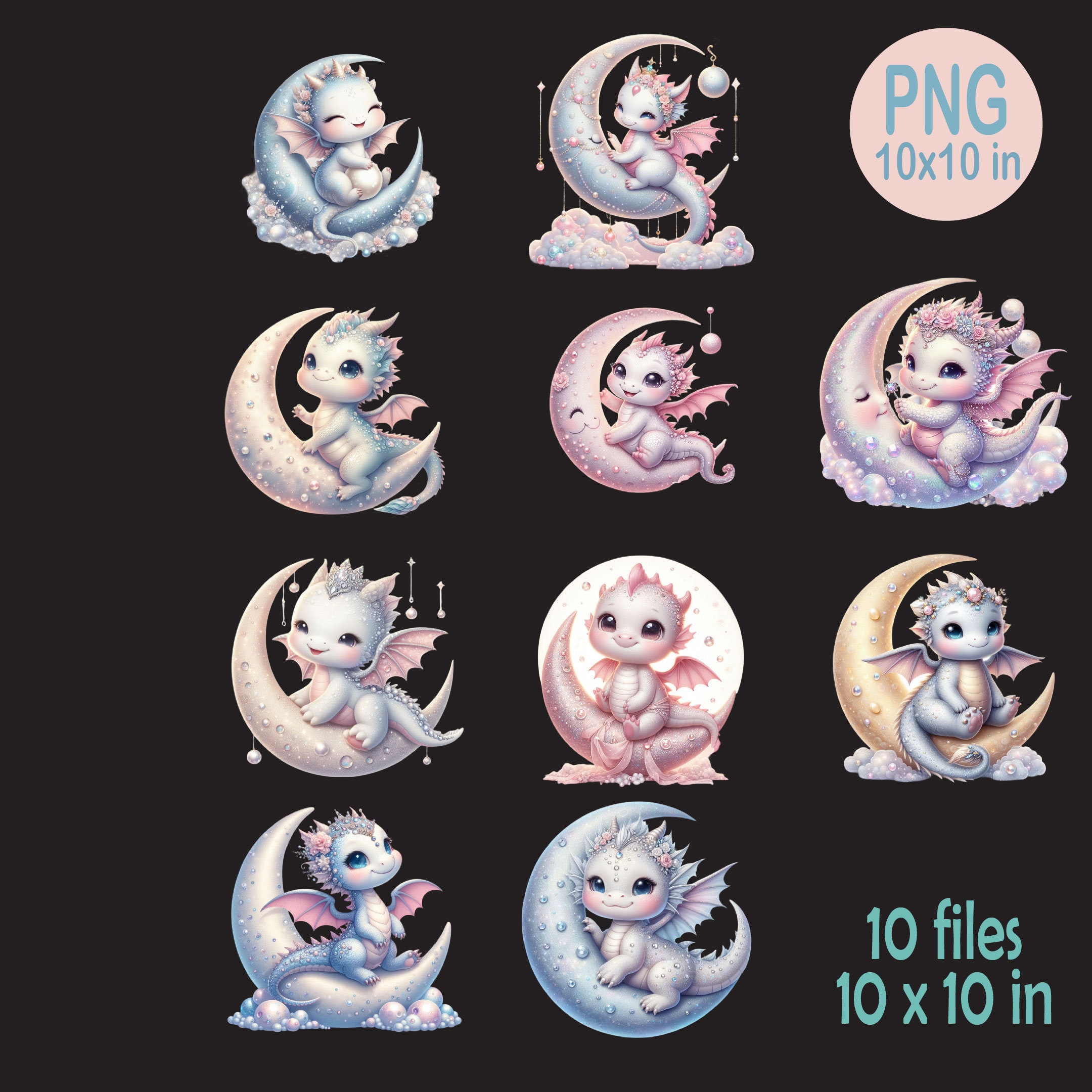 10 PNG Baby Dragon Clipart – Cute Fantasy With Moon and Flowers for ...