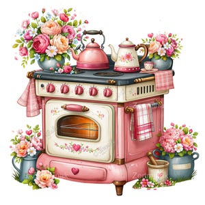 May include: A vintage-style pink stove with a cream-colored oven door, featuring floral arrangements, a pink kettle, a floral teapot, and a small teacup. The stove is decorated with heart motifs, plaid towels, and various flower pots surrounding the base.