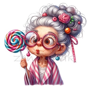 Nonna divertente con lecca-lecca Candy 10 PNG Vecchia signora Illustrazione del fumetto clipart