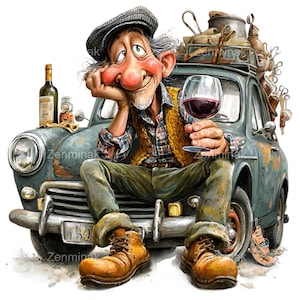 Puede incluir: Ilustración caprichosa de un hombre con una copa de vino tinto, sentado en el capó de un coche antiguo. Lleva una gorra, una camisa a cuadros y botas de trabajo. Una botella de vino y otros objetos están en el coche.