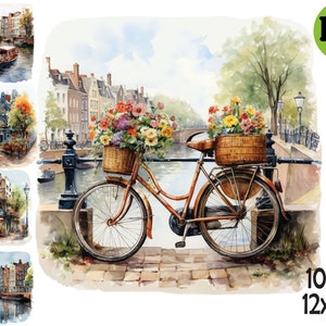 10 Amsterdamse clipart-png-set, vintage fiets- en kanaaltaferelen, aquarel Europese stadsillustraties, 10 bestanden van 12 x 12 in