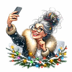 Vovó tirando uma selfie com luzes festivas PNG - 12 clipart divertidos de férias para designs de inverno e Natal