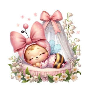 12 graziosi PNG clipart di api addormentate – Grande fiocco rosa, felpa con cappuccio a pois, letto a baldacchino, fiori di mughetto, dolce arte di insetti