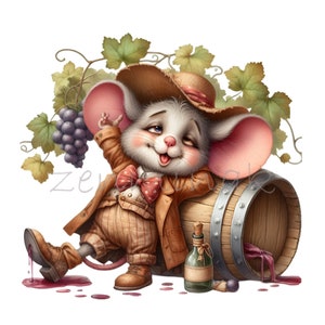 15 dibujos animados de ratón borracho PNG Clipart - Lindo ratón de viñedo con barril de vino - Arte digital caprichoso para manualidades e impresiones