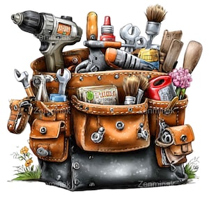 Könnte beinhalten: Illustration eines braunen Leder-Werkzeuggürtels, gefüllt mit verschiedenen Werkzeugen. Zu den Werkzeugen gehören ein Bohrer, Schraubenschlüssel, Pinsel und andere Hardware. Der Werkzeuggürtel ist mit Nähten und Metallnieten versehen.