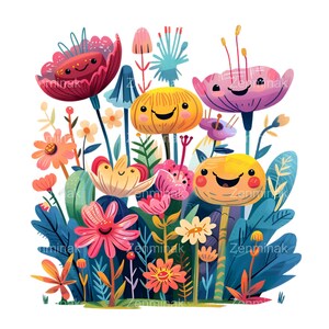 20 fleurs heureuses fantaisistes PNG Clipart, jardin floral souriant mignon, art de bande dessinée ludique, téléchargement numérique