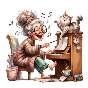 12 png grappige oudere dame die piano speelt met kat clipart, oma muziekscène png, cartoon oma kunst, schattige kat illustratie downloaden