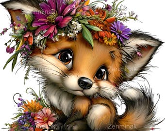 12 PNG Floral Fox Woodland Animal Clipart, Wildflower Nursery Forest Sublimation