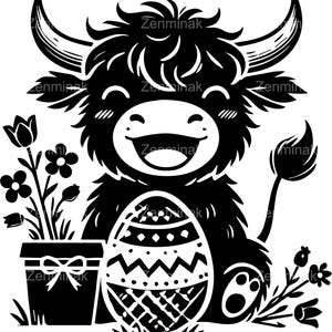 3 Vache Highland Pâques SVG coupe fichier, vache florale avec conception numérique d'oeufs de Pâques, jolie silhouette d'animal de ferme pour travaux manuels