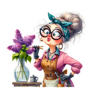 16 Vovó Engraçada com Clipart de Lilás PNG – Velha Senhora Hilária de Avental Arranjando Flores – Design de Arte para Floricultura de Primavera