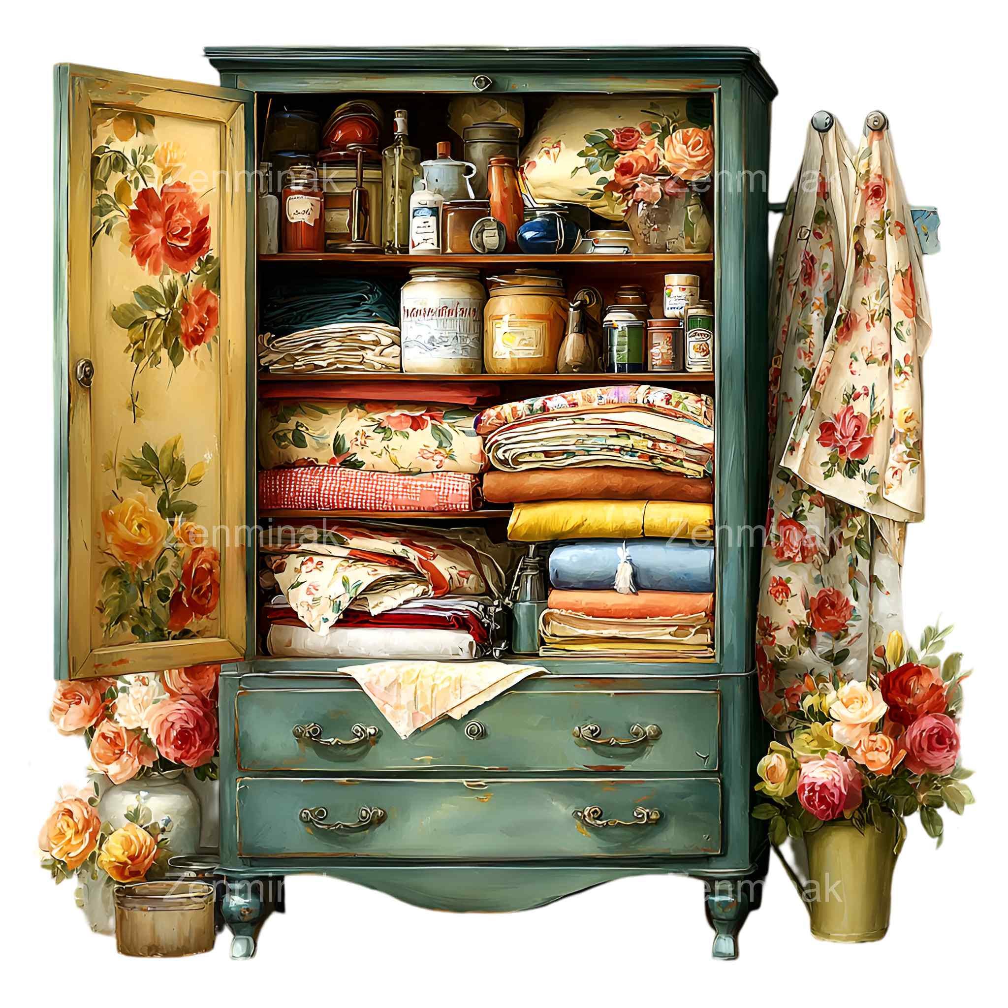 15 PNG armoire florale, clipart armoire peinte vintage, art de l'armoire antique