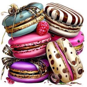 Puede incluir: Una variedad de macarons coloridos, incluyendo azul, rosa, morado y crema, con diversos rellenos y cintas decorativas. Una frambuesa fresca se encuentra encima de un macaron rosa. Los macarons están apilados, mostrando sus intrincados detalles y texturas.