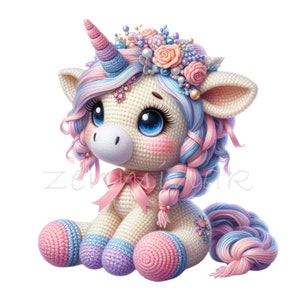 10 PN G Crochet Unicorn Clipart with Pastel Braided Hair PNG, Cute Plush Toy Style Unicorn, Baby Girl Nursery Art, Soft Fantasy Illustration