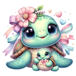 Imágenes prediseñadas de tortugas marinas, 15 ilustraciones PNG de lindos animales del océano, día de la madre en acuarela, taza para niños, diario basura, creación de tarjetas, regalo para amantes