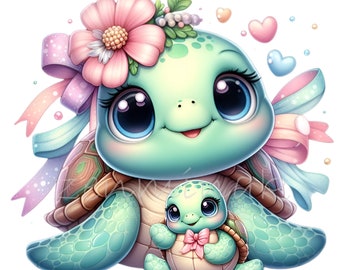 Sea Turtle Clipart, 15 PNG Cute Ocean Animals Illustration, Watercolor Mother&#39;s Day, Kids Mug, Junk Journal, Card Making, Lovers Gift