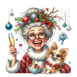 9 divertenti clipart PNG di donne natalizie - Nonna gioiosa con cane, champagne e ornamenti nei capelli - Illustrazione umoristica festiva