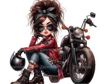 Chica motociclista sentada junto a una motocicleta PNG, 10