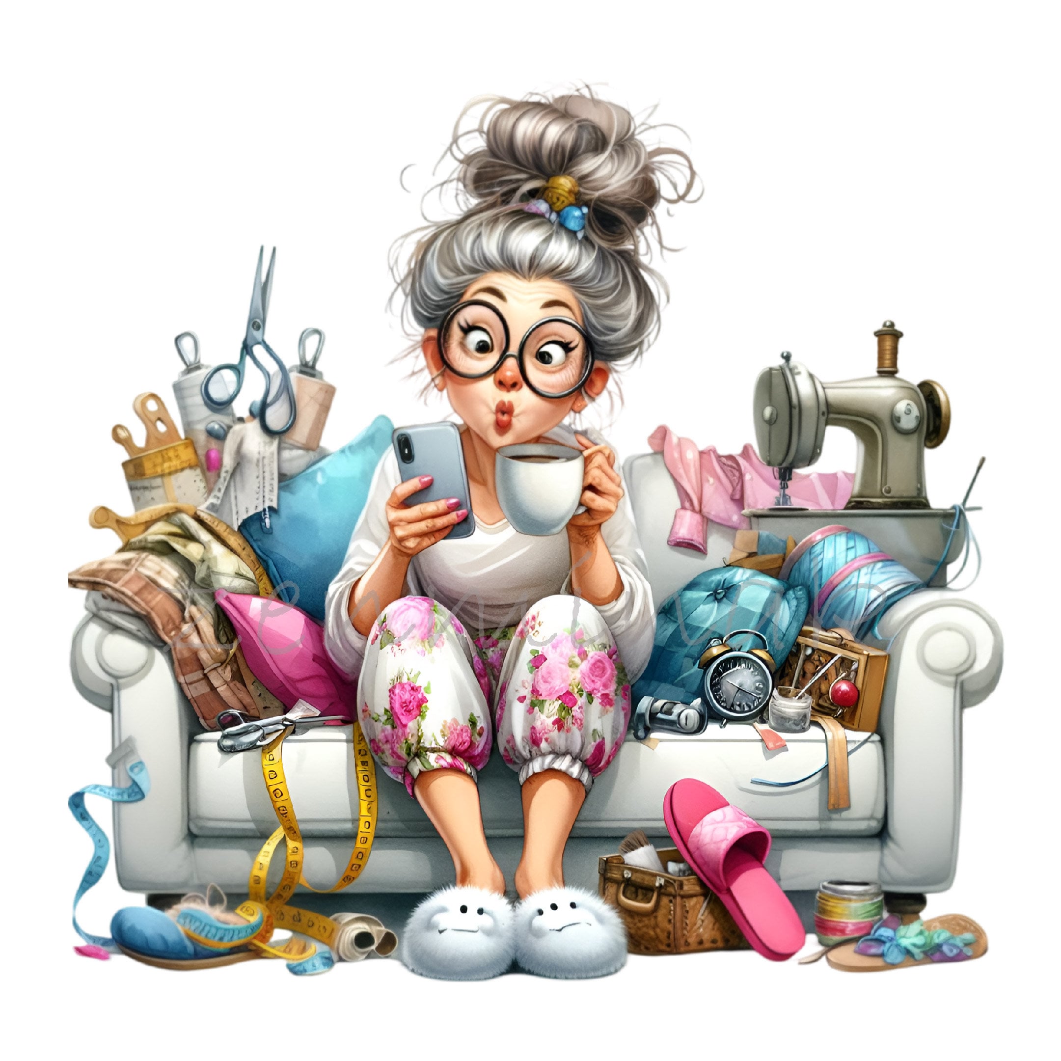 Crafting Grandma 12 PNG Clipart | Fun Granny With Coffee and Sewing ...