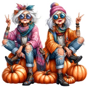 12 divertenti vecchie signore PNG Clipart – Zucche autunnali, jeans strappati, tatuaggi, segni di pace, nonne fantastiche in abiti autunnali