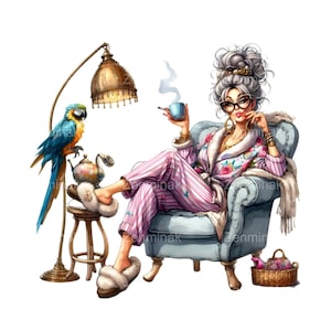 15 PNG Nonna divertente PNG – Donna in pigiama con tè e pappagallo, clipart mattutina per sublimazione, biglietti e divertenti progetti digitali