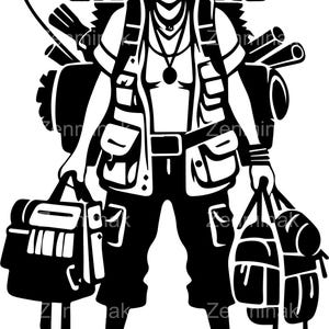 4. Archivo SVG de corte de una divertida mujer senderista: señora mayor aventurera con mochila, botas y equipo. Clipart de exploradora al aire libre.