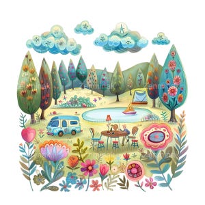 16 Fantasy Camping PNG-clipart, grillige natuurscène met meer, schattige buitenillustratie, digitale download