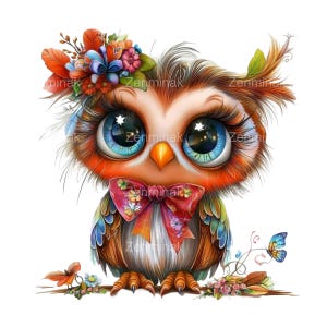 15 graziosi clipart PNG di gufo, gufo dagli occhi grandi con fiocco floreale, arte di uccelli colorati e stravaganti, download digitale fantasy