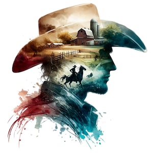 15 silhouette di cowboy in formato PNG, scena di fattoria con doppia esposizione, cavaliere e fienile, arte western rustica, design ad acquerello di un ranch di campagna