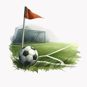 Puede incluir: Un bal&oacute;n de f&uacute;tbol blanco y negro sobre un campo de hierba verde con una bandera de esquina blanca y una porter&iacute;a de f&uacute;tbol en el fondo.