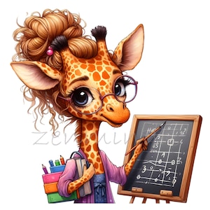 Jirafa maestra Clipart 15 PNG - Adorable jirafa con gafas enseñando matemáticas, perfecta para proyectos educativos