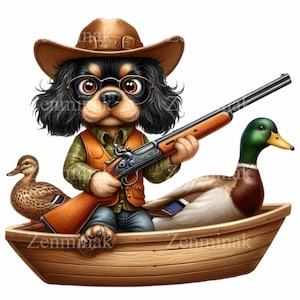 15 Clipart di cani da caccia in PNG - Spaniel in PNG con fucile e anatre in barca di legno - Illustrazione di animali divertenti per lavoretti a tema all'aperto