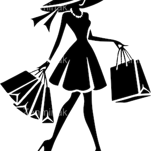5 SVG Elegant Shopping Girl SVG – Frau in Kleid, Hut & Heels mit Taschen – Cricut Cut Datei für Modeschmuck und Boutique Dekor