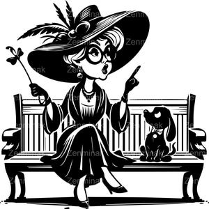 5 SVG Funny Grandma with Dog SVG Cut File - Quirky Elderly Lady Talking on Bench Clipart - Humorous Vintage Cartoon Design