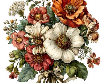 15 PNG Vintage Flower Bouquet Clipart – Floral PNG with Ribbon for Wedding Invitations, Scrapbooking, Cards and Digital Craft Projects