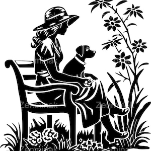 5 SVG Dame avec chien SVG - fichier de coupe femme assise sur un banc de jardin - Silhouette paisible pour les amateurs d'animaux de compagnie, travaux manuels et projets de vinyle