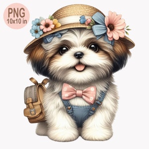 10 PNG Cute Puppy Clipart – PNG Dog in Hat with Bow Tie and Backpack – Adorable Pet Illustration for Kids Crafts & Nursery Decor